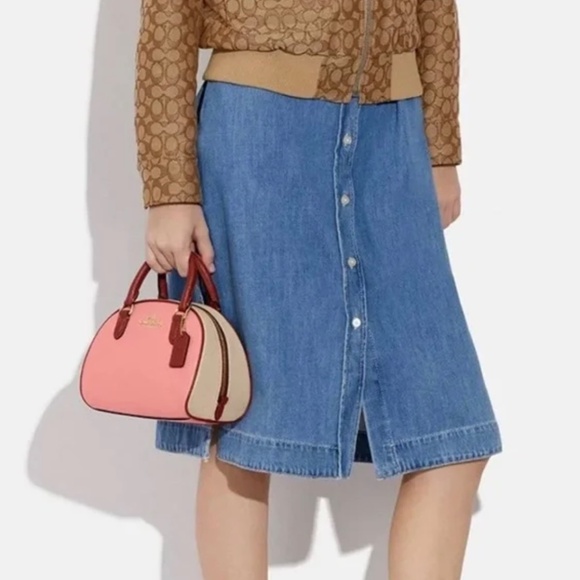 Original COACH Sydney Satchel In Colorblock Crossbody Pink Maroon - Picture 5 of 5